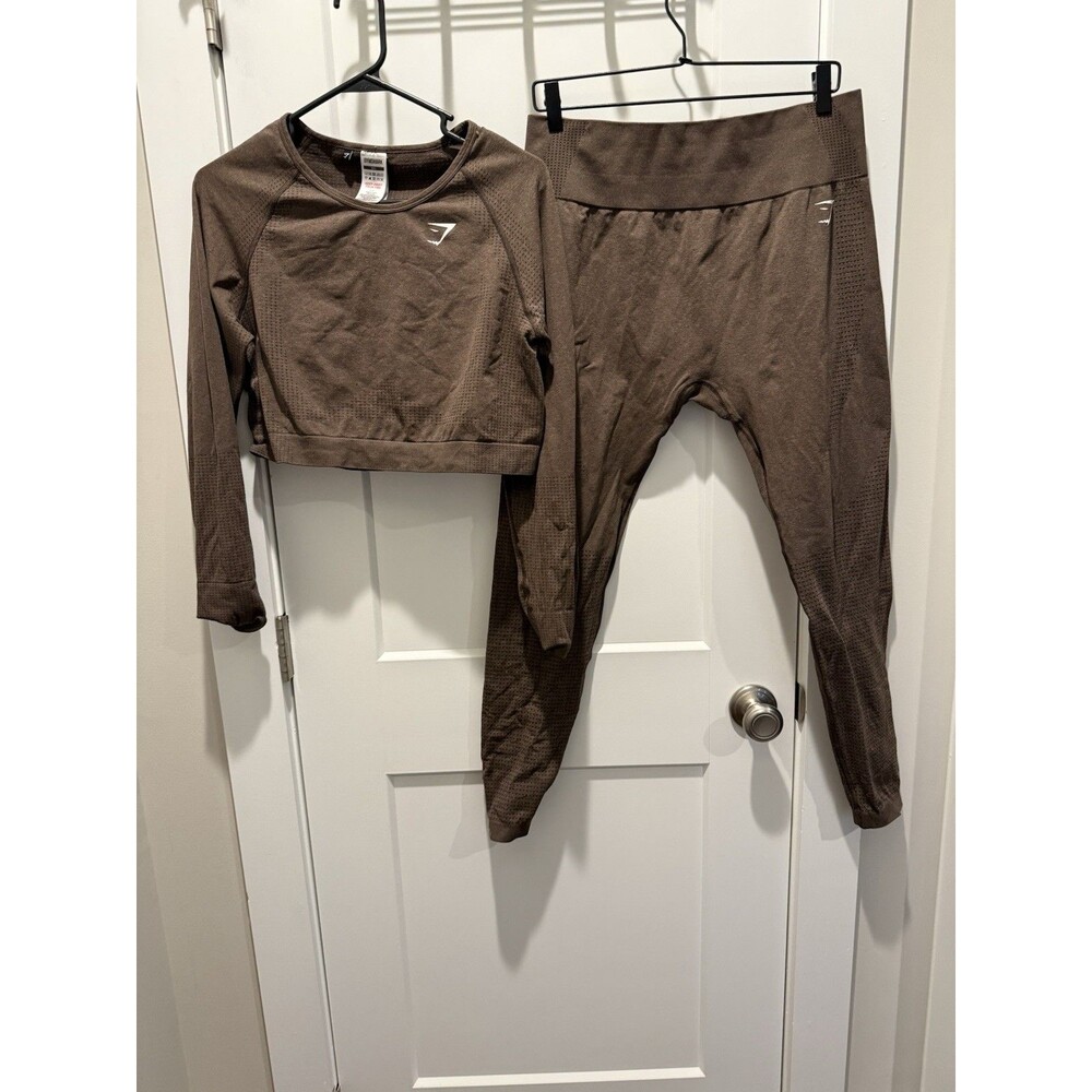 Gymshark Olive Green Seamless Leggings & Long Sleeve Crop Top Set